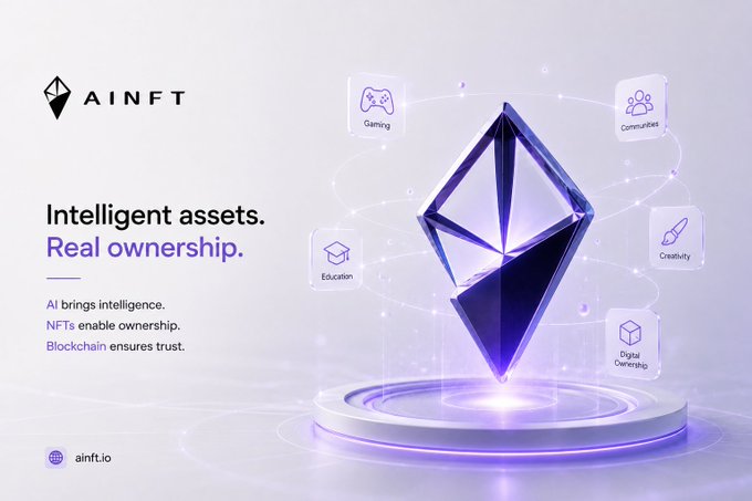 AINFT promotional graphic with text 'Intelligent assets. Real ownership.' featuring a purple crystal diamond surrounded by Gaming, Communities, Education, Creativity, and Digital Ownership icons.