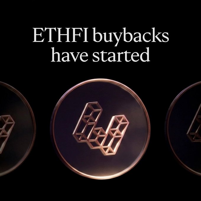 A promotional graphic on a black background reading 'ETHFI buybacks have started' above three copper-colored ETHFI coin designs.