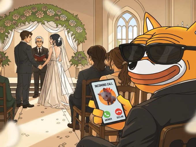 An orange fox character wearing black sunglasses and a suit sits in the back row of a wedding ceremony, holding up a phone displaying "INCOMING CALL" with a hedgehog icon and "ANSWER" / "DECLINE" buttons. The image humorously illustrates the caption by having the "hedgehog" runner call during the bride and groom's vows under a floral arch.