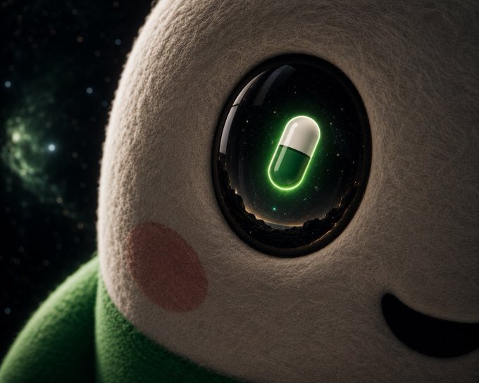 A close-up digital artwork of a cute plush character with a red cheek, whose large glossy black eye reflects a glowing green capsule pill against a cosmic, starry background.