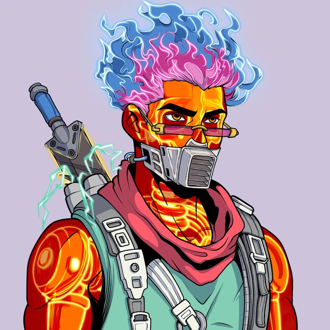 The image features a character with a unique appearance, wearing a mask that covers their face and has a sword strapped to their back. The character's hair is styled in an unconventional manner, resembling flames or fire. They are dressed in a green shirt and have a backpack on their shoulders. The background of the image is white, which contrasts with the vibrant colors of the character's attire and the fiery elements they possess. In the corner of the image, there is text that reads "the most beautiful art on solana @Haxz_xyz". This suggests that the artwork might be related to a social media platform or online community where people share their creations with others.