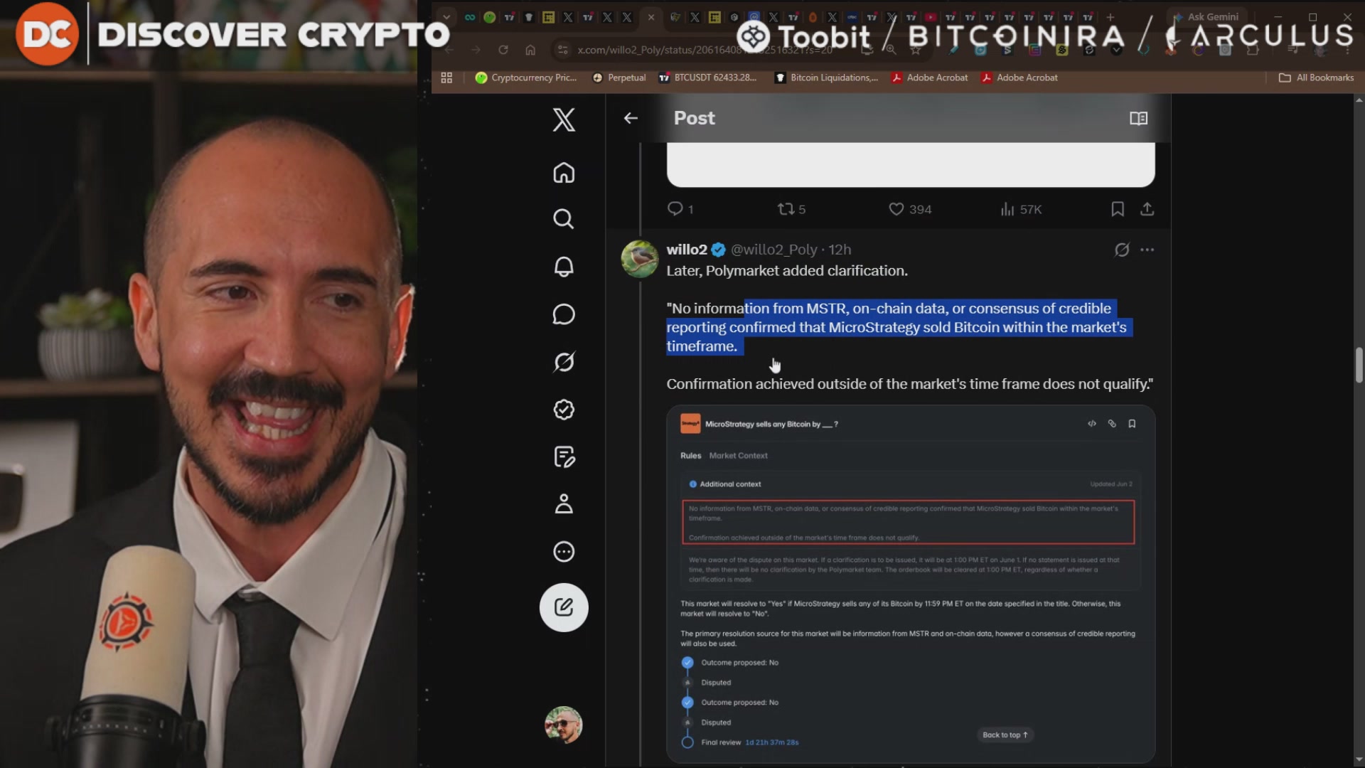 The image shows a man wearing a suit, smiling at the camera while holding a microphone. Behind him, there are two computer screens displaying information about Bitcoin trading strategies. The first screen shows a message from someone named "Bob", and the second screen displays a message from someone named "Tobit".