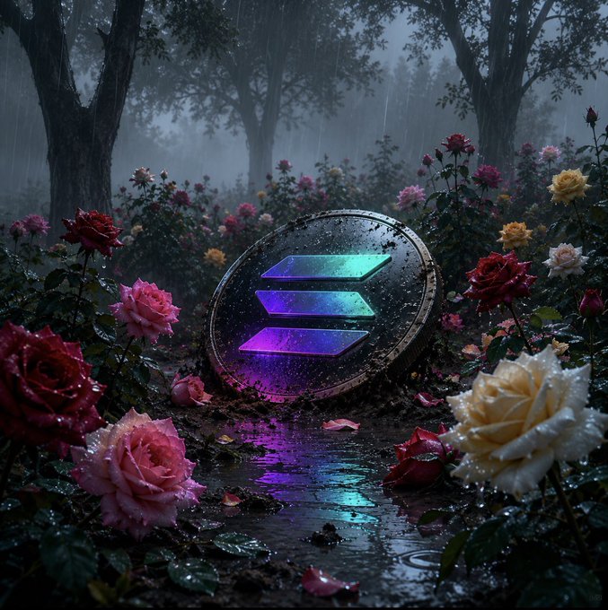 A weathered metallic Solana coin rests amid a lush rose garden in the rain, its iconic teal and purple logo glowing softly as fallen petals and puddles mirror the coin's vibrant hues. The blooming flowers surrounding the emblem visually capture the post's hope for Solana to "blossom like a flower."
