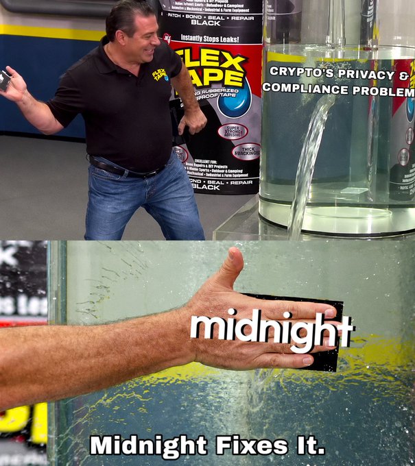 A two-part image with top showing a man performing a demo pouring water with text 'CRYPTO'S PRIVACY & COMPLIANCE PROBLEM', and bottom showing a hand with 'midnight' and 'Midnight Fixes It.'