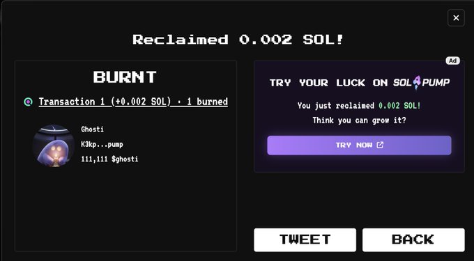 A screenshot of a digital interface titled 'Reclaimed 0.002 SOL!' displaying a 'BURNT' transaction log for 'Ghosti' alongside a promotional pop-up for 'SOL4PUMP' that reads 'You just reclaimed 0.002 SOL! Think you can grow it?'.