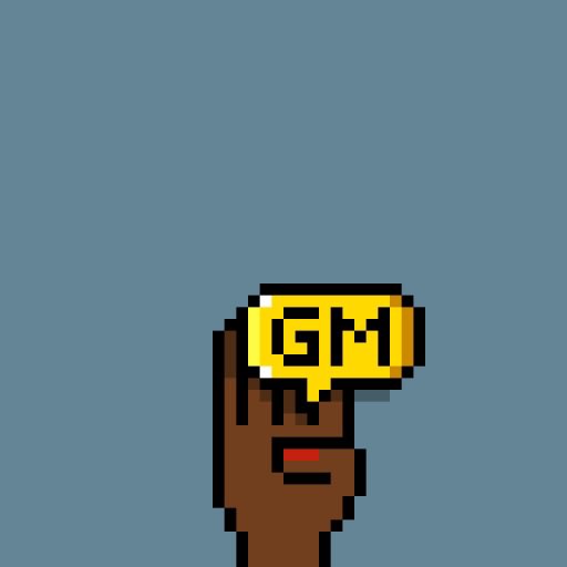 A pixel art illustration shows a brown-skinned figure wearing a yellow speech bubble cap that reads 'GM' against a solid blue background.