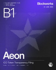 The image features an album cover with a purple background, featuring a white star at its center. The title of the album is "Aeon", and there are two lines of text below the star that read "Ico token transparency file" and "ICO TOKEN TRANSPARENCY FILING". The album cover also includes a logo for the website "blockworks.com".