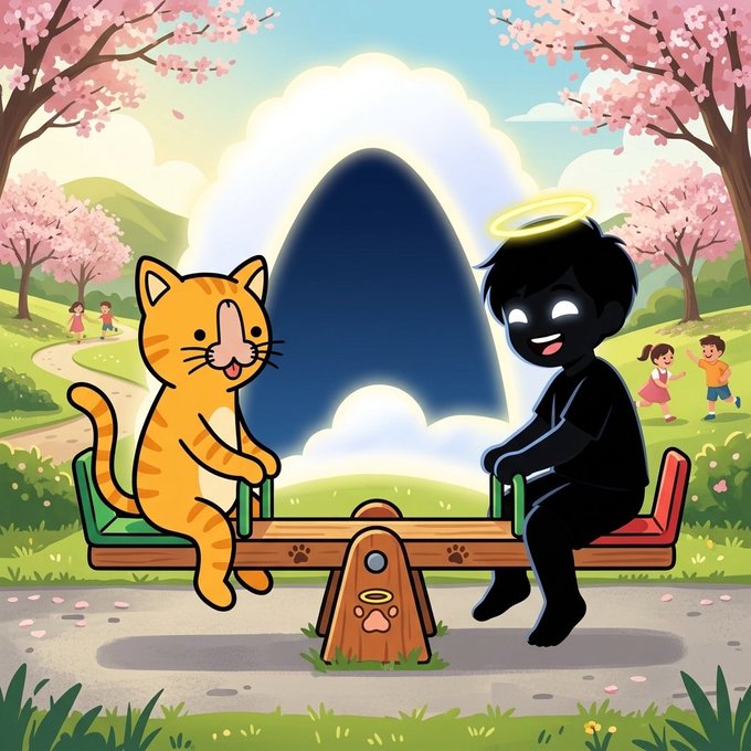 An illustration shows an orange cat and a haloed, glowing-eyed boy in black sitting on a seesaw in a cherry blossom park, with a dark portal-like shape between them.
