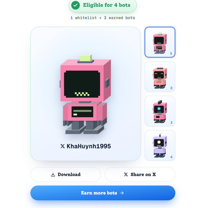 A screenshot of a digital collectible interface showing 'Eligible for 4 bots' with a pink voxel-style robot NFT owned by user 'KhaHuynh1995', offering Download, Share on X, and Earn more bots buttons.