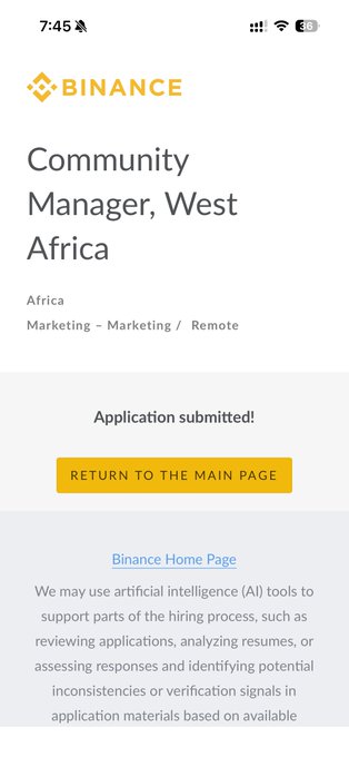 A mobile screenshot of a Binance job application page confirming 'Application submitted!' for the 'Community Manager, West Africa' position.
