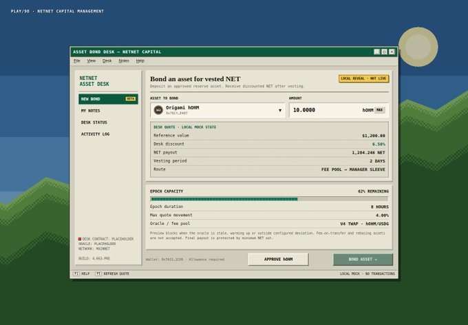 A screenshot of a retro-styled "ASSET BOND DESK" interface for "NETNET CAPITAL" showing options to bond an asset for vested NET, featuring Windows 95-era graphics with a mountain landscape background.