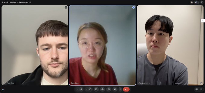 A Zoom video call titled 'Mi.Moon x SM Marketing' showing three participants: a man on the left, a woman with glasses in the center (Claire Jung), and a man on the right (shangmoon).