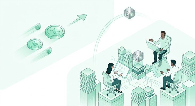 The image is an isometric illustration showing a team of developers working on laptops and reviewing documents atop stacks of server towers, with Kaspa (KAS) coins flying toward a crypto block, symbolizing the transition from fast payments to a developer-focused smart contract platform. The visual emphasizes the "developers' heaven" theme by depicting programmers building on Kaspa's infrastructure.