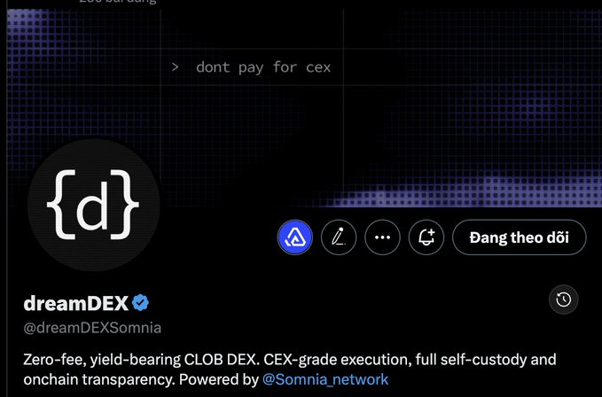 Twitter/X profile for dreamDEX (@dreamDEXSomnia) advertising 'Zero-fee, yield-bearing CLOB DEX. CEX-grade execution, full self-custody and onchain transparency.'