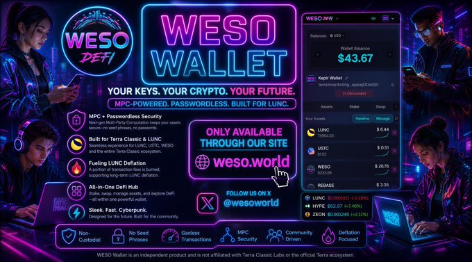 A promotional advertisement for 'WESO WALLET' with neon pink and blue cyberpunk styling, featuring the tagline 'YOUR KEYS. YOUR CRYPTO. YOUR FUTURE.', advertising MPC-powered passwordless security built for LUNC (Terra Classic), LSTC, WESO, and showing a wallet balance of $43.67.