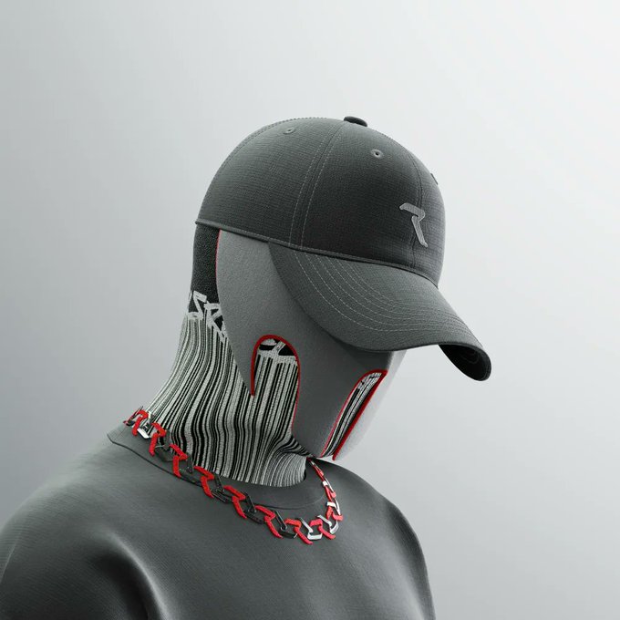 A stylized 3D character wearing a dark baseball cap with an "R" logo, along with a red and silver chain necklace and a textured facial design, represents the "Rebels by Night" NFT collection featured in the giveaway promotion.