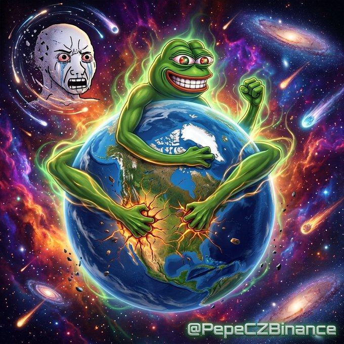 A digital illustration shows the Pepe the Frog character wrapped around Earth in a cosmic setting, with a crying moon face visible in the background and the text '@PepeCZBinance' at the bottom.