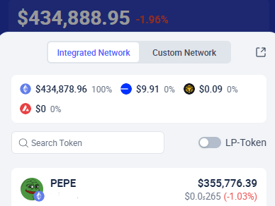 The image shows a crypto wallet dashboard displaying a total balance of $434,888.95 (-1.96%), with the majority of holdings in Ethereum ($434,878.96 at 100%) and a notable PEPE position worth $355,776.39 ($0.0¢265, -1.03%)—aligning with the post's surprise at holding $350K worth of $PEPE and questioning whether to hold or sell.