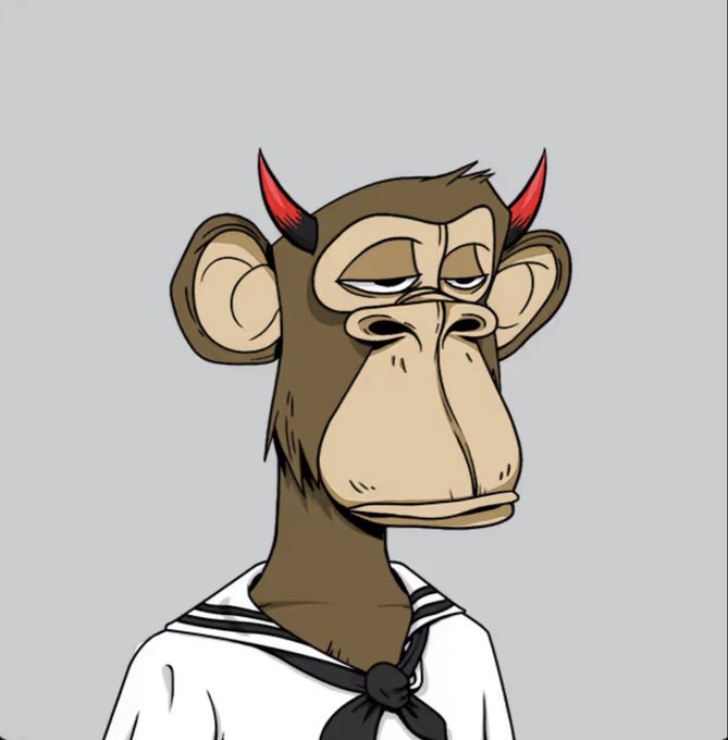 The image features a cartoon monkey wearing a white shirt with black stripes, a black tie, and red horns. The monkey appears to be bored or unenthused while standing against a gray background. There are no texts present in the image, but there is a caption that reads "dude I’m so bored, one might say double bored…. 🫈 new ape secured, shout out to the homies at @GrailsOTC for the assist on this clean double bored devil sailor ape." The caption seems unrelated to the monkey and its attire.