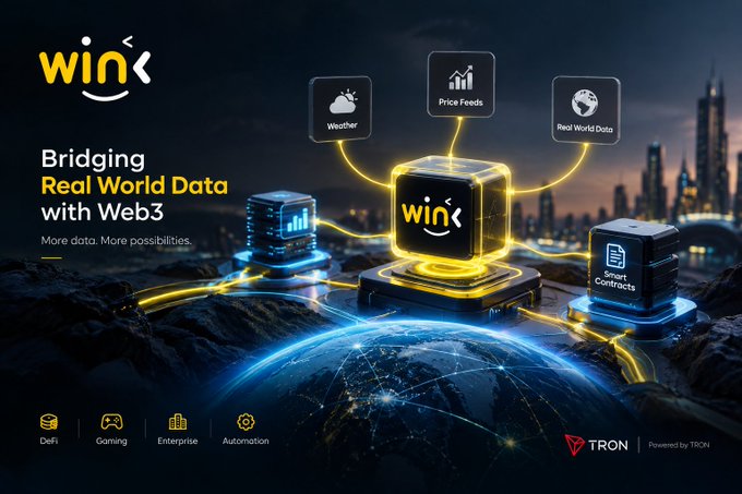 A promotional graphic for 'WINkLink' titled 'Bridging Real World Data with Web3', depicting a glowing central cube connecting 'Weather', 'Price Feeds', and 'Real World Data' to 'Smart Contracts', with a futuristic city in the background and 'Powered by TRON'.