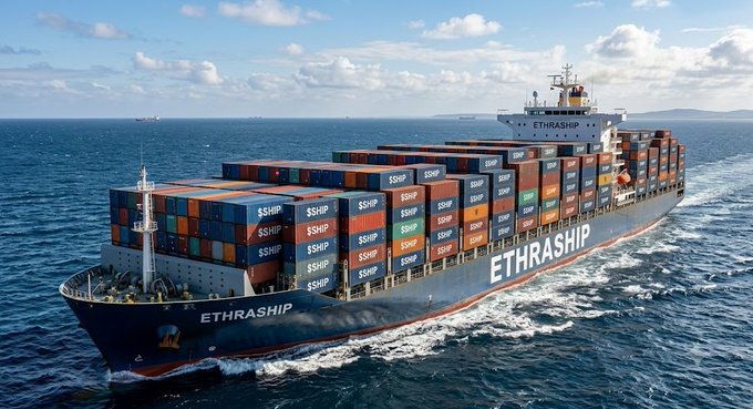 A large container ship branded with the word 'ETHRASHIP' sailing on the open sea, loaded with stacked shipping containers of various colors.