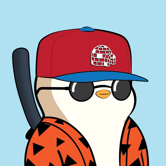 A cartoon penguin wearing a red and blue baseball cap with a brick-patterned 'P' logo, round black sunglasses, and an orange patterned shirt, holding a black baseball bat against a light blue background.