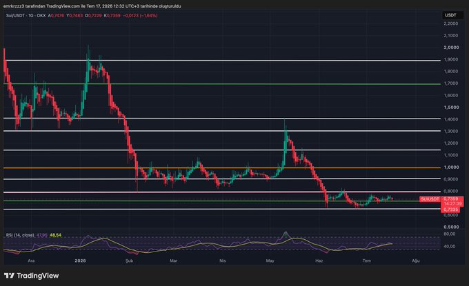 TradingView chart of USDTRY showing a significant downtrend, with current price at 0.7369 (-1.04%) and RSI at 48.54.