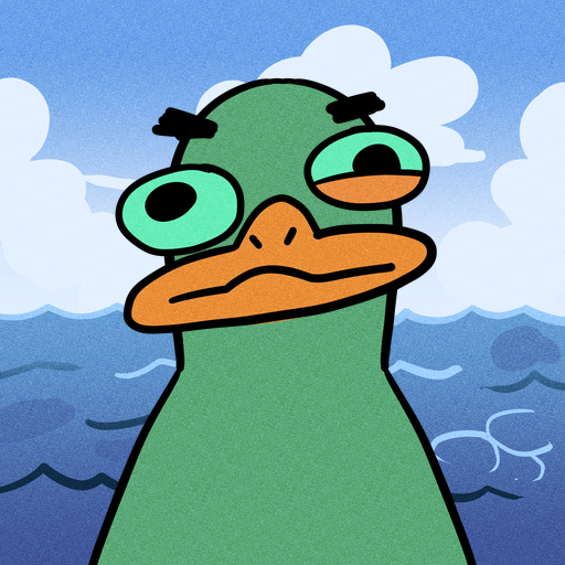 A cartoon illustration of a grumpy-looking green duck or bird character with heavy-lidded eyes and an orange beak, standing against a backdrop of blue ocean waves and fluffy white clouds.