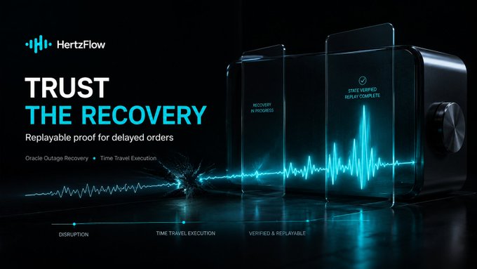 The image is a sleek promotional graphic for "HertzFlow" with the tagline "TRUST THE RECOVERY — Replayable proof for delayed orders," highlighting features like "Oracle Outage Recovery" and "Time Travel Execution." It shows a dark, tech-inspired scene with glowing teal waveform visuals and a timeline marking stages: "DISRUPTION," "TIME TRAVEL EXECUTION," and "VERIFIED & REPLAYABLE," visually reinforcing the post's theme of verifiable fairness in delayed order execution after an Oracle failure.