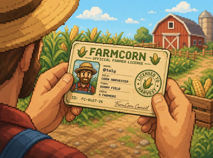 Pixel art style illustration of a farmer holding a 'FARMCORN OFFICIAL FARMER LICENSE' card showing the name @toly, role 'CORN HARVESTER', and farm 'SUNNY FIELD'.