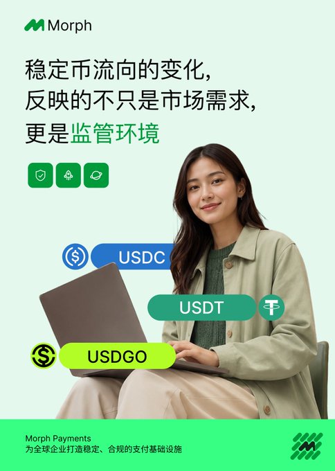 A promotional image for 'Morph' (Morph Payments) featuring an Asian woman with a laptop, with Chinese text discussing stablecoin market flows and regulatory environment, showing tags for USDC, USDT, and USDGO.