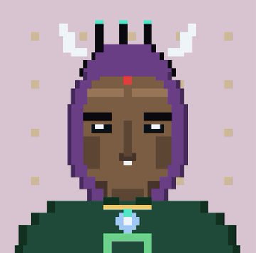 A pixel art portrait depicts a dark-skinned character wearing a purple hooded outfit with white horn-like or antenna accessories, a red gem on the forehead, and a green garment with a glowing cyan pendant. The image ties to the "show me your agents" theme by presenting a digital collectible-style avatar or agent character, suggesting it represents a unique NFT-style persona rather than just a generic profile picture.
