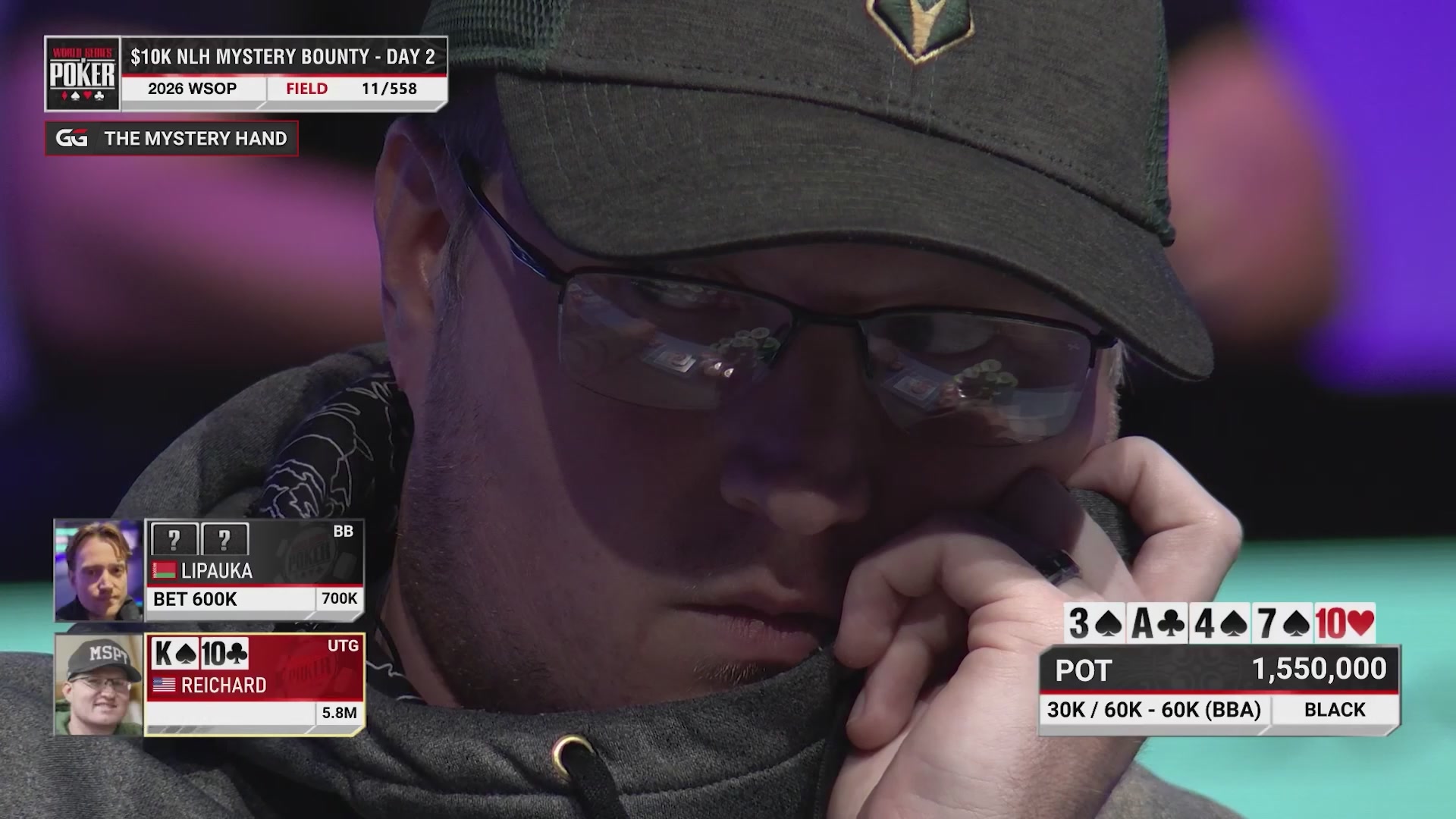 The image shows a man wearing glasses, sitting down with his hand over his face, possibly deep in thought or concentration during a poker game. The background of the image features a TV screen displaying the poker game, which suggests that this scene takes place at a poker table. The caption on the post reads "I'M SO HAPPY SOLANA IS DOING THIS. WSOP IS AS BIG AS CONSUMER GAMES CAN BE." This implies that the man's interest in the game is shared by others and highlights the popularity of poker as a form of entertainment.