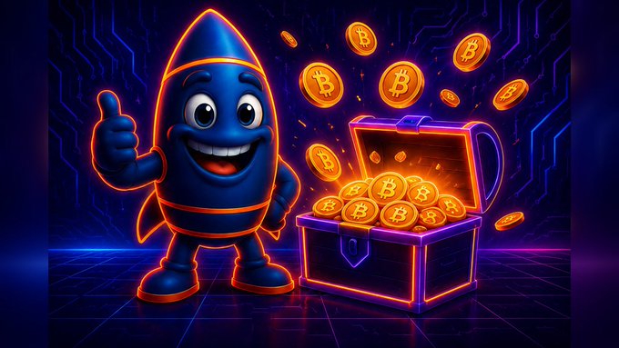 A cartoon-style illustration features a blue rocket-shaped character giving a thumbs-up next to an open treasure chest overflowing with gold Bitcoin coins against a neon blue circuit board background.