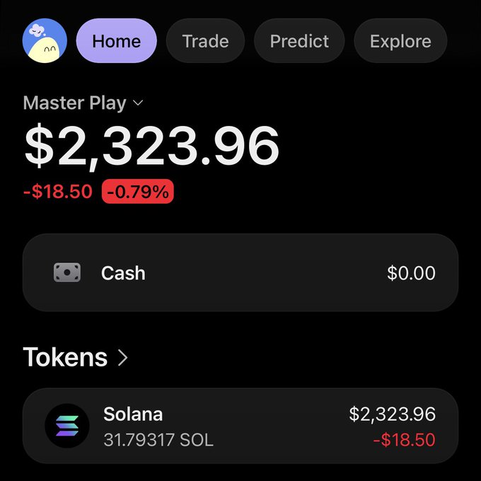 A crypto portfolio dashboard showing a "Master Play" account with a total balance of $2,323.96 (down $18.50 or -0.79%), containing 31.79317 Solana (SOL) worth $2,323.96 and $0.00 cash. The image illustrates the user's holdings before injecting additional SOL and DCA-ing into $buttcoin, $troll, and $nothing.