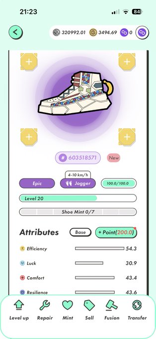 A mobile app screen displaying a sneaker NFT with 'Jogger' type, 'Epic' rarity, Level 20, and attributes including Efficiency 54.3, Luck 30.9, Comfort 43.4, and Resilience 43.6.