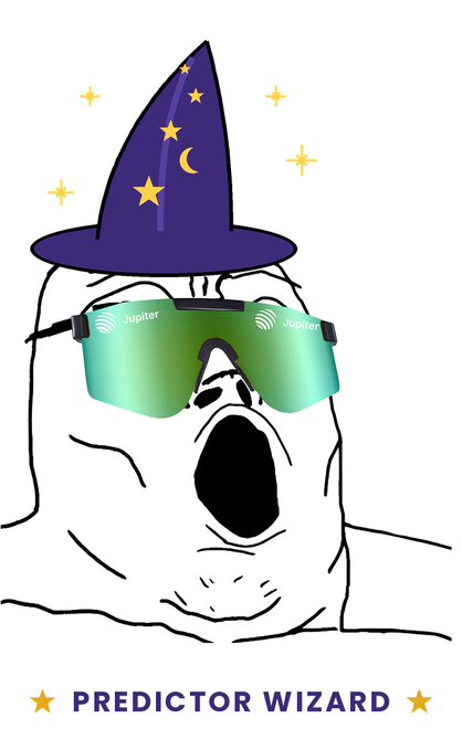 A cartoon 'Predictor Wizard' meme featuring a classic screaming face wearing green 'Jupiter' sunglasses and a purple star-and-moon wizard hat.