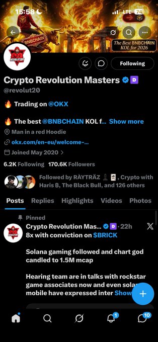 A screenshot of the X (formerly Twitter) profile for 'Crypto Revolution Masters' (@revolut20), a crypto trading account with 170.6K followers featuring a Pinned post about $BRICK.