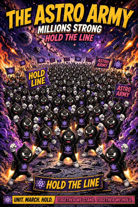 A dramatic illustrated poster titled 'THE ASTRO ARMY: MILLIONS STRONG, HOLD THE LINE' depicts a vast army of bomb-like characters carrying flags amid a fiery cosmic background.