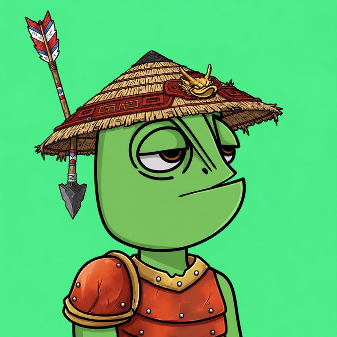 A cartoon green Pepe the Frog character wearing a straw Asian conical hat, orange armor, and carrying arrows and a spear on a green background.