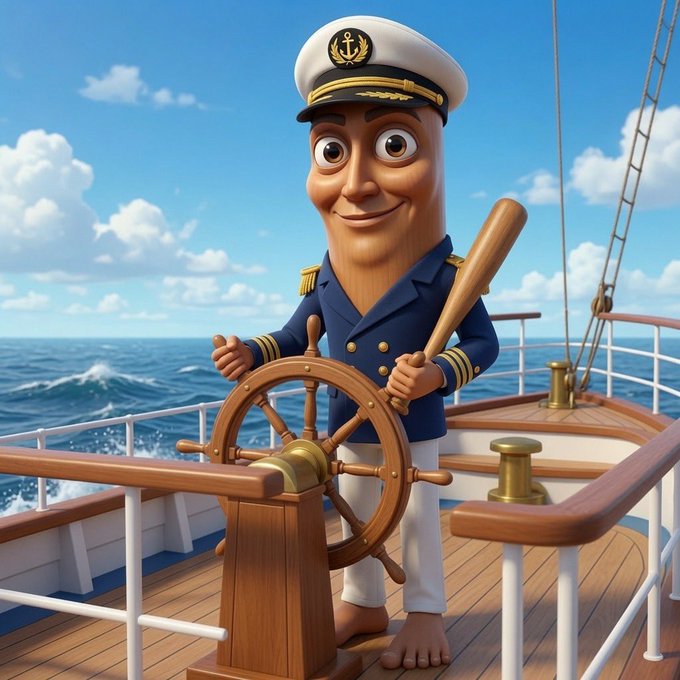 A 3D animated-style illustration of a cheerful, barefoot ship captain in uniform holding a baseball bat behind the wheel of a boat at sea.