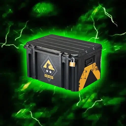 A rugged black ammo crate labeled "CS-GO" with a hazard stripe and padlock sits against a dramatic green lightning background, styled as a Counter-Strike loot drop. The image playfully reinforces the meme post about being drawn in by CS-themed content, treating the case as a rare in-game reward worth chasing.