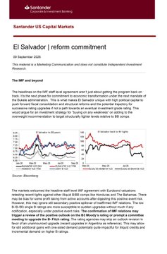 The image is a Santander Corporate & Investment Banking market commentary titled "El Salvador | reform commitment," dated 30 September 2026, featuring charts of the El Salvador 10Y US$-denominated bond yield and its CDS, and noting that the country's reforms under President Nayib Bukele have enabled El Salvador's bonds to outperform peers and move toward investment grade status—aligning with the post's claim that "El Salvador bonds heading higher. Will soon be IG. #Bukelenomics."