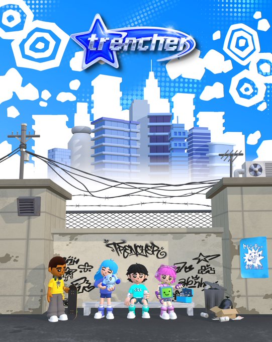 Promotional artwork for 'trencher' showing four cartoon characters with skateboards hanging out in front of a graffiti-covered wall with a city skyline in the background.