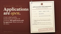 An advertisement stating "Applications are open. One of the 200 applications will be hand-selected with one click to be approved" is displayed next to an "APPLICATION FOR ADMISSION" form, promoting a selective approval process. The image relates to the post by visually reinforcing the exclusivity of being approved, suggesting the user was one of the lucky hand-selected candidates.