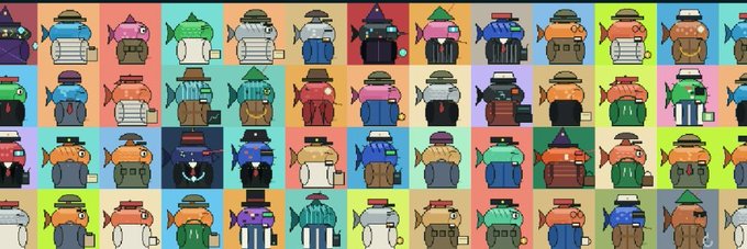 A grid of colorful cartoon fish characters wearing various hats and outfits, arranged in rows against pastel backgrounds.