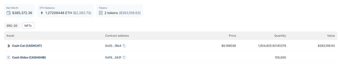 A cryptocurrency portfolio dashboard showing a Net Worth of $385,372.36 and ETH Balance of 1.27209448 ETH ($2,262.73), with two tokens: Cash Cat (CASHCAT) valued at $383,109.63 and Cash Shiba (CASHBSHI) with 100,000 quantity.
