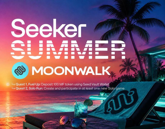Promotional poster reading 'Seeker Summer Moonwalk' featuring a tropical sunset, palm trees, and a poolside lounge chair with a cocktail. It lists Quest 1 'Fuel Up: Deposit 100 MF token using Seed Vault Wallet' and Quest 2 'Solo Run: Create and participate in at least one new Solo game.'