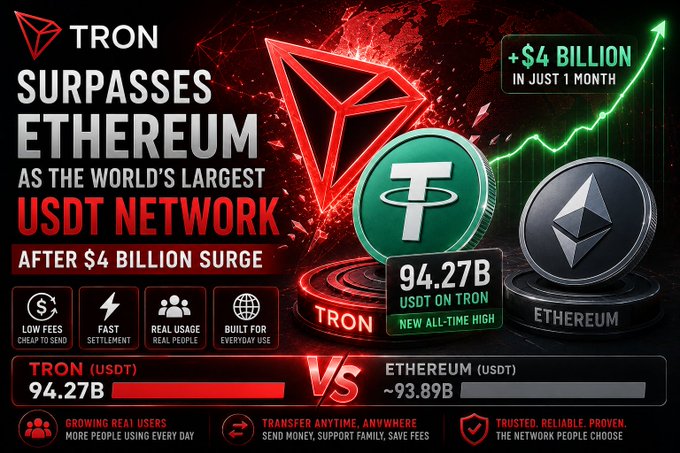 Promotional graphic stating 'TRON SURPASSES ETHEREUM AS THE WORLD'S LARGEST USDT NETWORK AFTER $4 BILLION SURGE' showing 94.27B USDT on Tron versus ~93.89B on Ethereum.