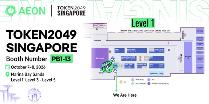 Event map and announcement for TOKEN2049 Singapore by AEON, taking place October 7-8, 2026, at Marina Bay Sands, highlighting Booth Number PB1-13.